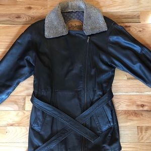 Genuine Leather Belted Coat with Sherpa Collar